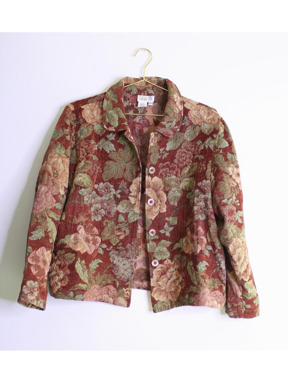 VTG Whimsy Burgundy Fall Floral Brocade Jacket - Petite Large